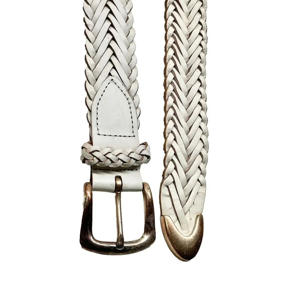 Vintage Brighton White Braided Leather Weave Belt Size S M Womens Brass Made USA